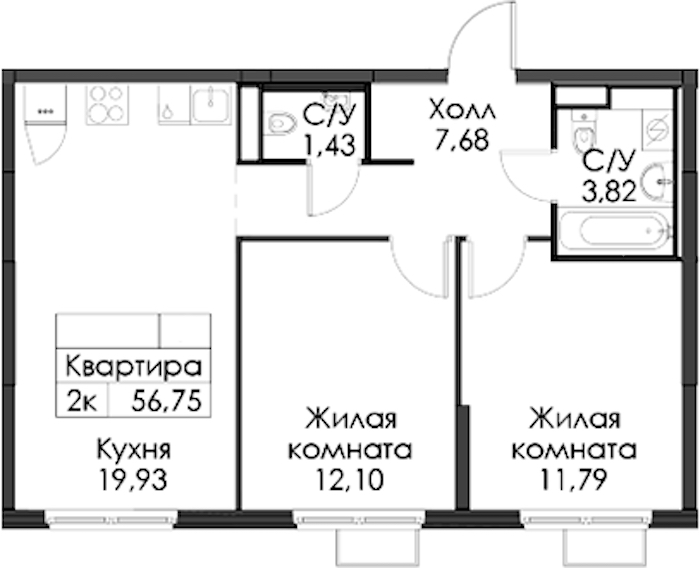 2-комнатная квартира 56.75 м², 10/12 эт., ЖК «Таллинский парк»